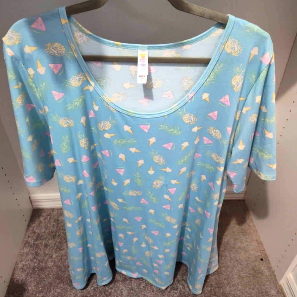 3X LuLaRoe Irma Teal with Pineapple, Watermelon, Ice Cream pattern